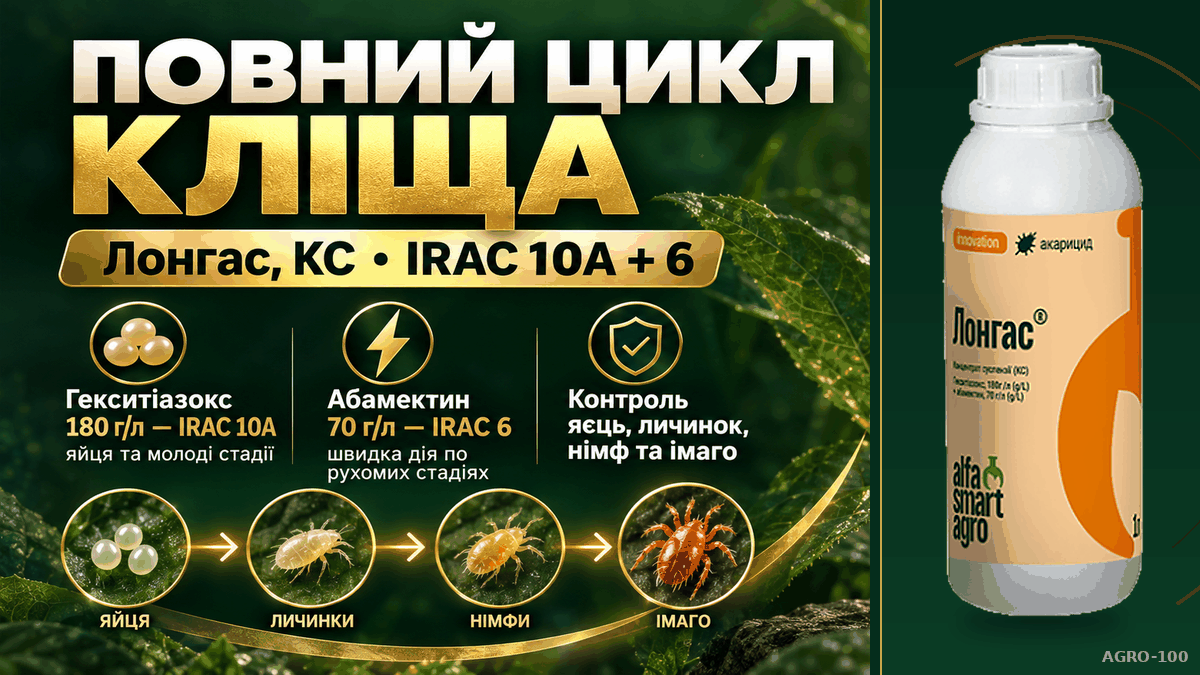 Лонгас, КС — повний цикл кліща, гекситіазокс 180 г/л та абамектин 70 г/л